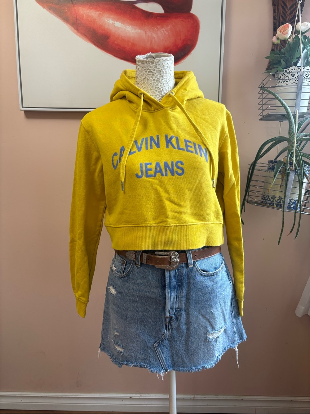 Calvin Klein Jeans Women's Bright Yellow Cropped Hoodie with Blue Logo